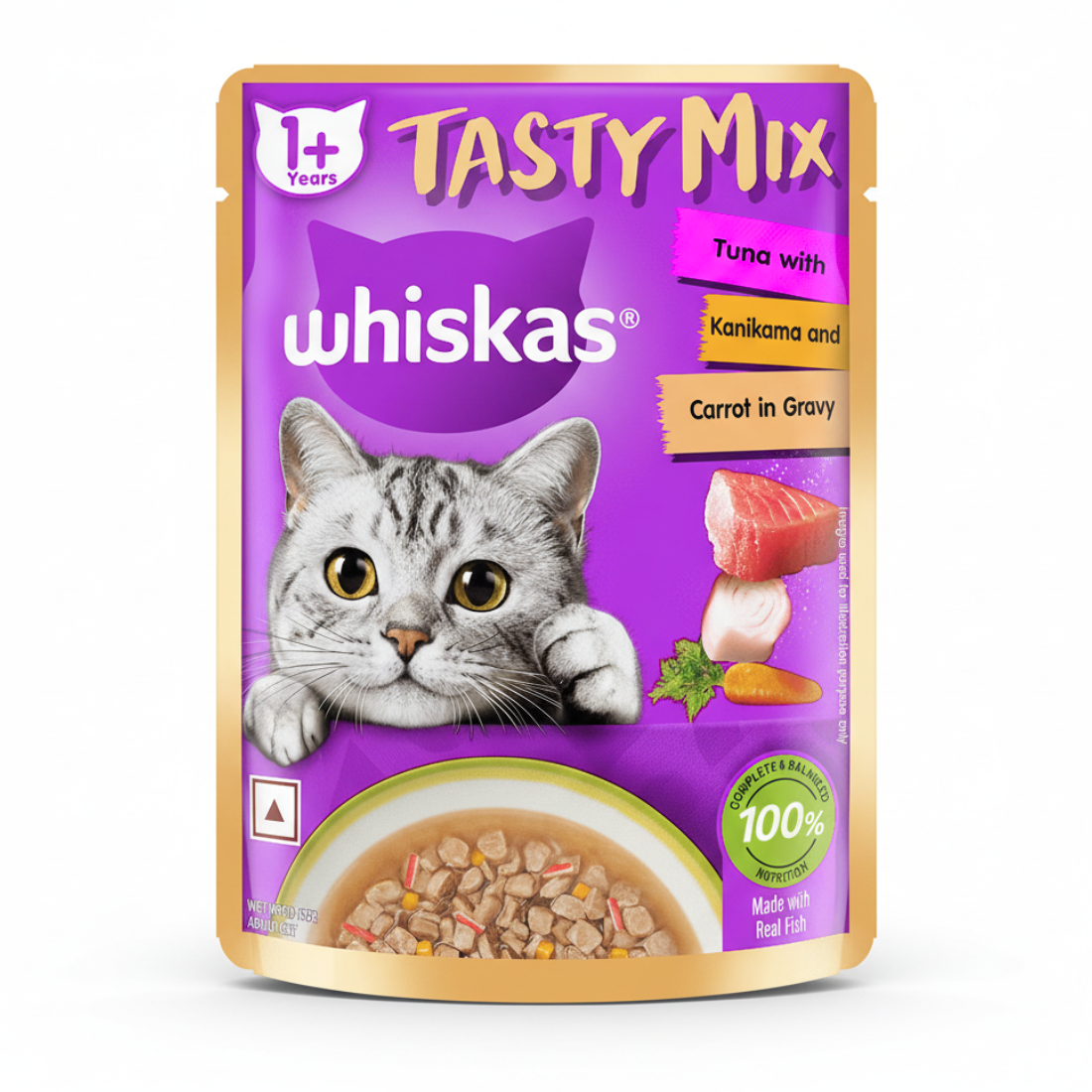WHISKAS Adult Tasty Mix Wet Cat Food Made With Real Fish, Tuna With Kanikama And Carrot in Gravy (Pack of 42)